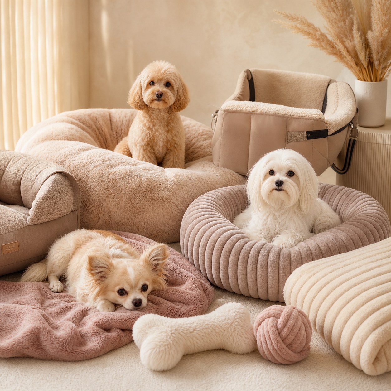 Pieski odpoczywające na miękkich legowiskach Dogcouture